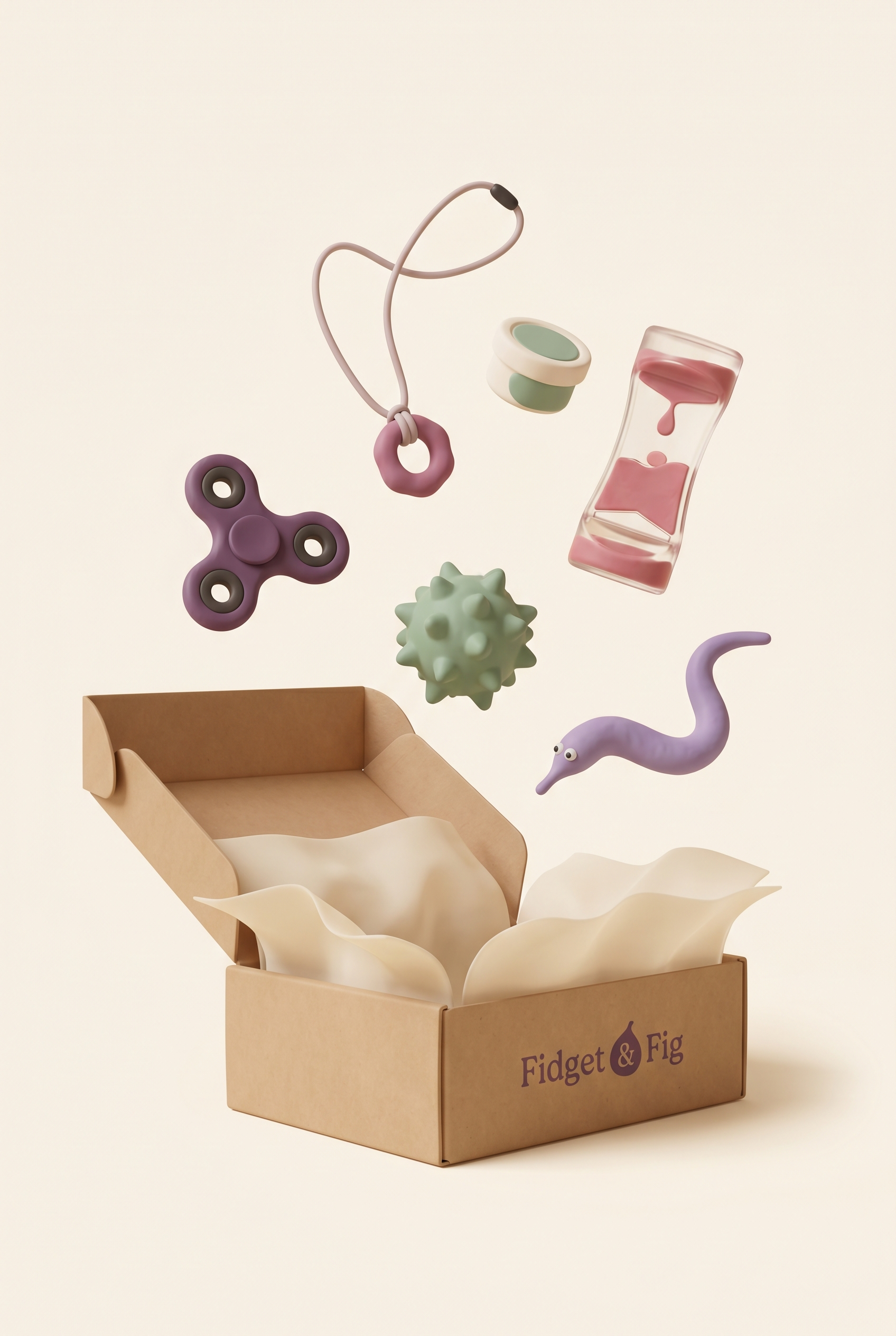 An open Fidget & Fig subscription box with sensory toys floating above it: a fidget spinner, sensory chew, putty pot, liquid timer, spiky tactile ball, and stretchy fidget worm.